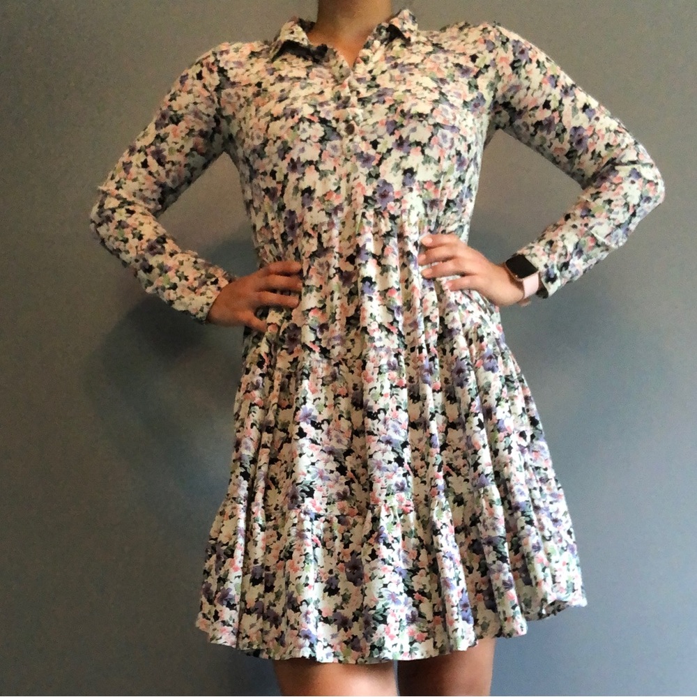 Ganni by Anthropologie Flowy Tiered Collared Mini Dress in Gauzy Floral Small